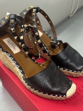 Valentino Black Leather Studded Espadrille Wedges with Jute Sole